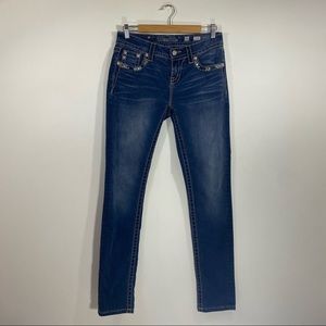 Miss Me Mid Rise Curvy Skinny Dark Wash Whiskering Embellished Jeans